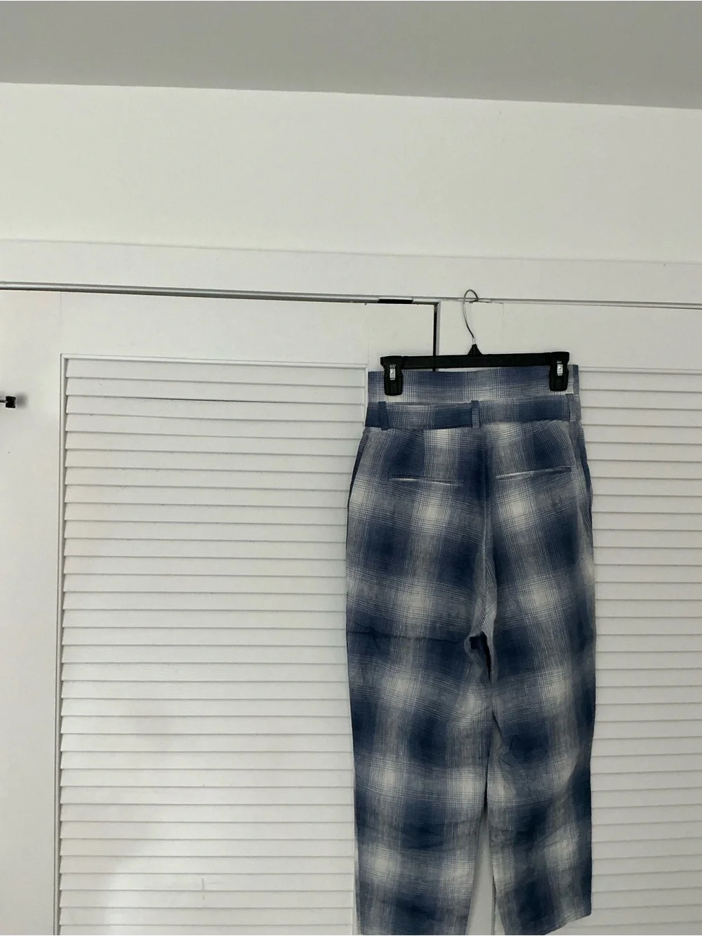 Reformation Blue Plaid High-Waist Paperbag Trousers 100% linen plaid resort wear